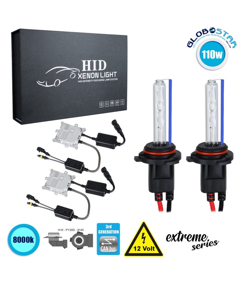 GloboStar® 84161 H10 XCB Line KIT Βασικού Φωτισμού Αυτοκινήτου & Μοτοσυκλέτας 3rd Generation Can-Bus Extreme Series XENON 110W 10350lm DC 9-16V Αδιάβροχο IP65 Ψυχρό Λευκό 8000K